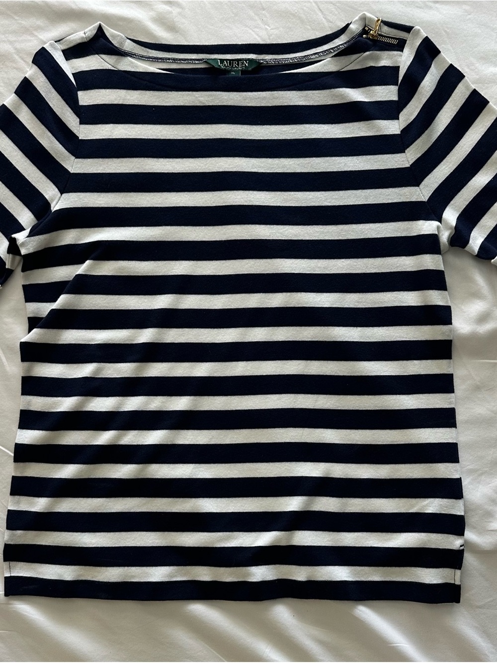 Lauren Ralph Lauren Navy and White Striped Short Sleeve Boatneck Top - Picture 1 of 5